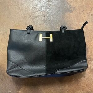 Halston Tote‎ Bag Black Faux Leather Suede Satchel Purse Designer